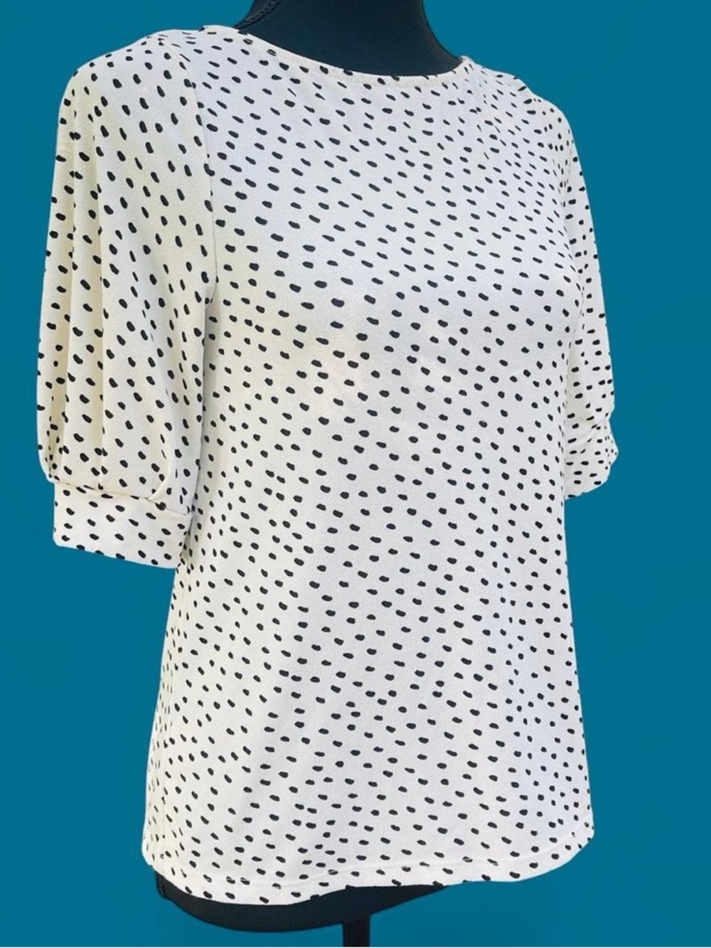 H&M Polka Dot Blouse XS White Black Short Sleeve Stretch Minimalist Top